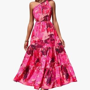Vibrant Pink Floral One Shoulder Tiered Maxi Dress